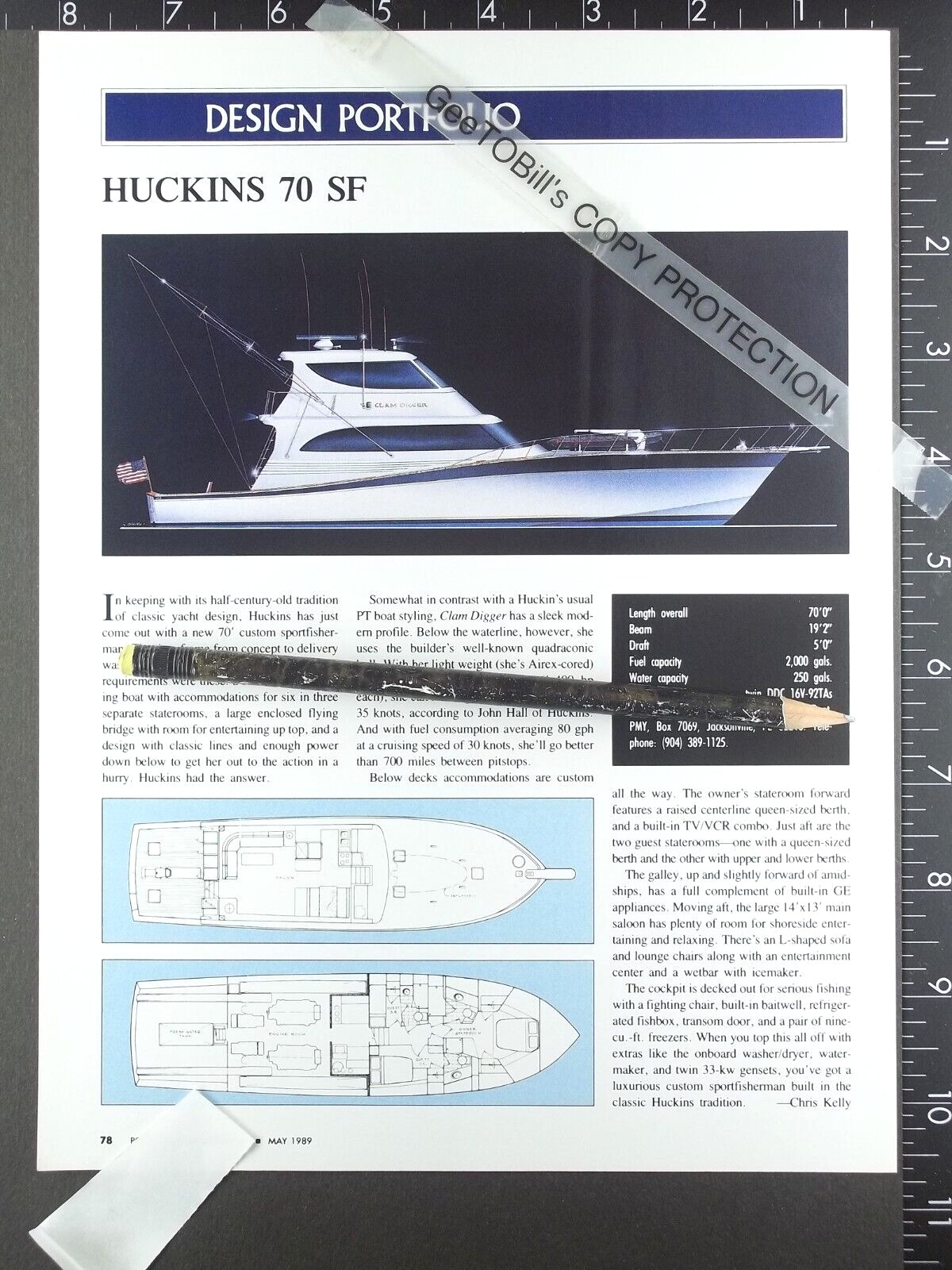 1989 1 page FEATURE on Huckins 70 SF sportfisherman motor yacht boat