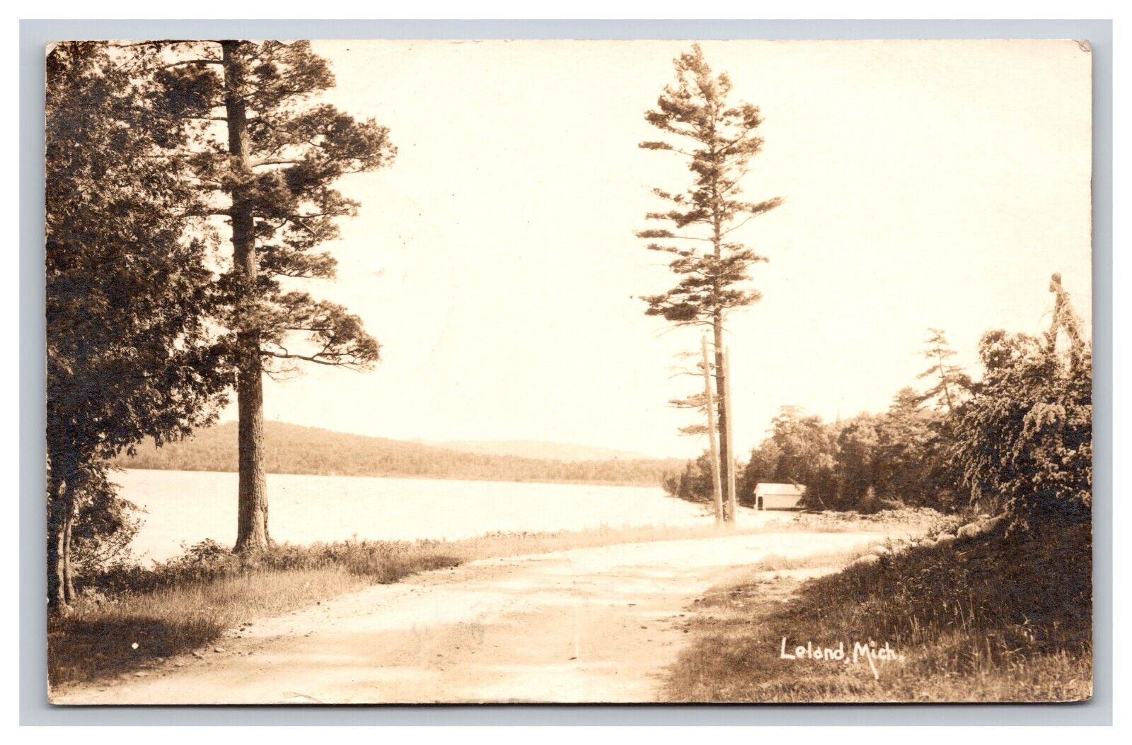 RPPC Dirt Road & Lake Scene 1925, Leland Michigan MI Postcard