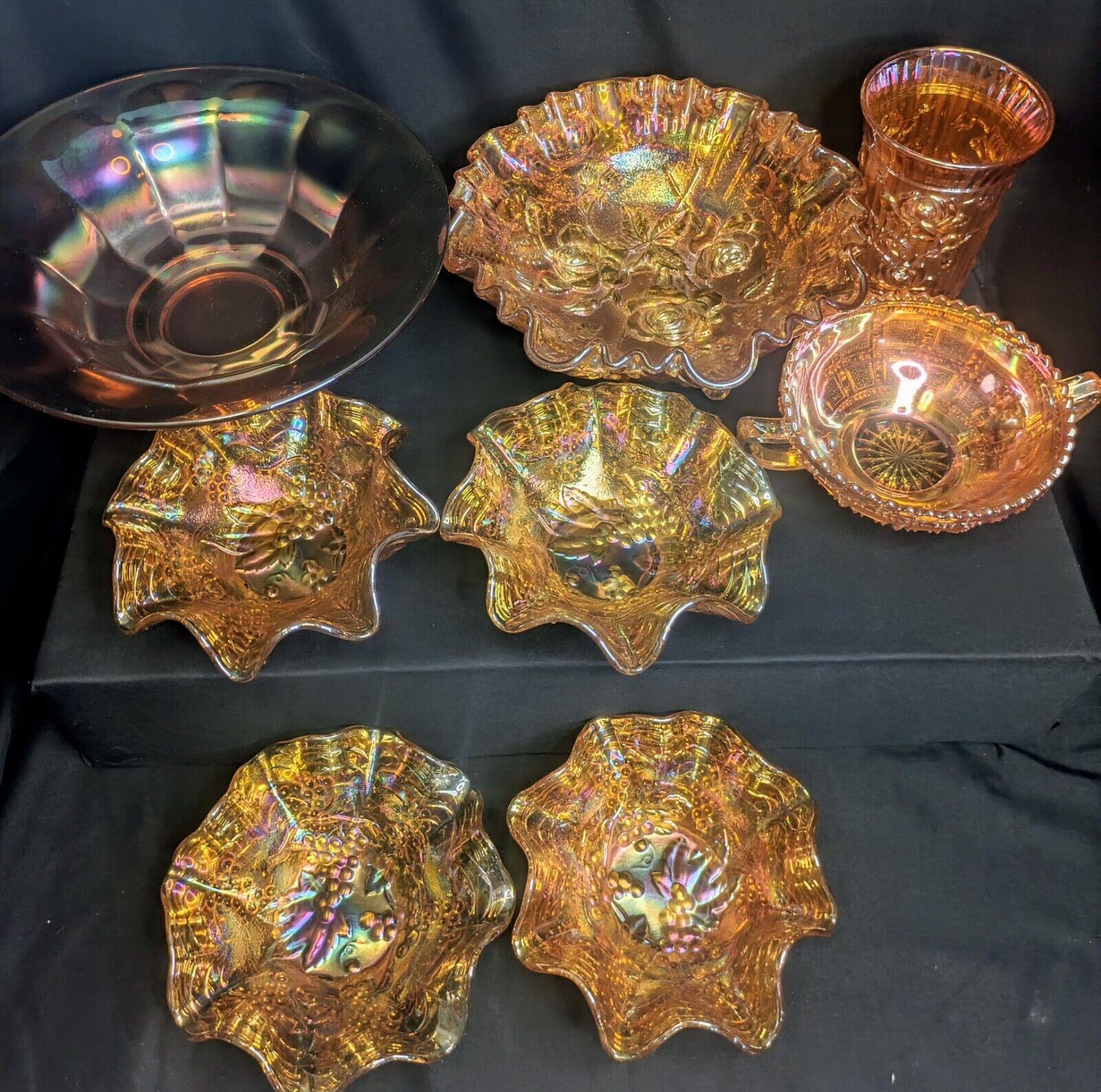 Vintage Imperial Wild Rose Marigold Carnival Glass Ruffled Rim Set Of 8
