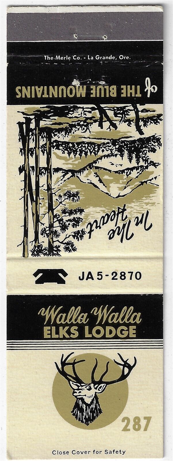 Walla Walla Elks Lodge 287 Ph JA 5-2870 Blue Mountains FS Empty Matchcover