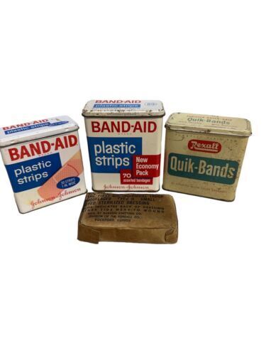 (4) Vintage BAND-AID & Rexall Bandages Tin Paper Lot 1940’s-80s WWII Dressin