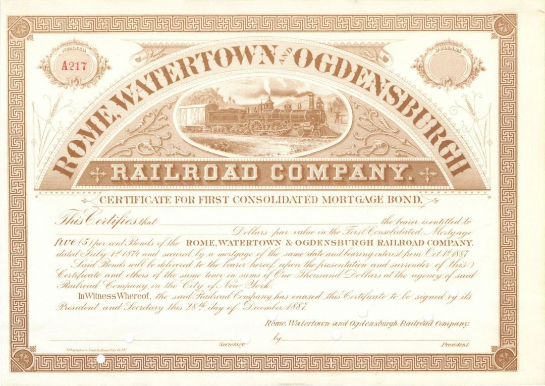 Rome, Watertown and Ogdensburgh Railroad - Unissued Railway Certificate for Firs