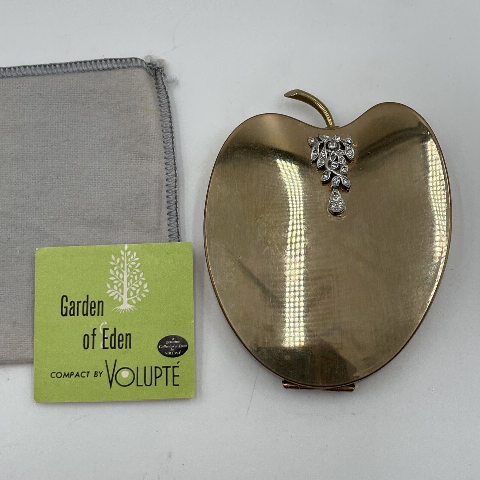 Rare Garden of Eden Apple Volupté Gold Compact w Bag & Paperwork Mirror is Crack