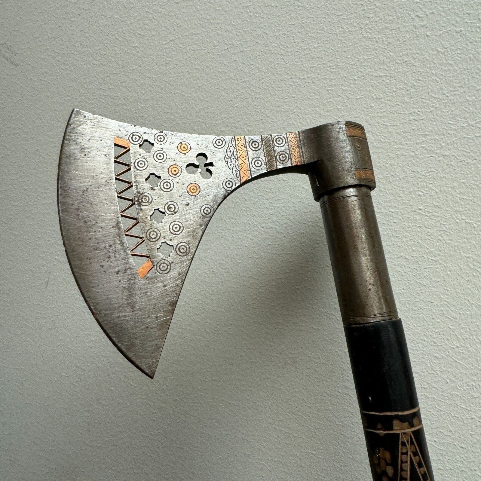 INDO PERSIAN Battle Axe w/ Spear Tip w/ Carved Shaft & Clover Axe Head 34