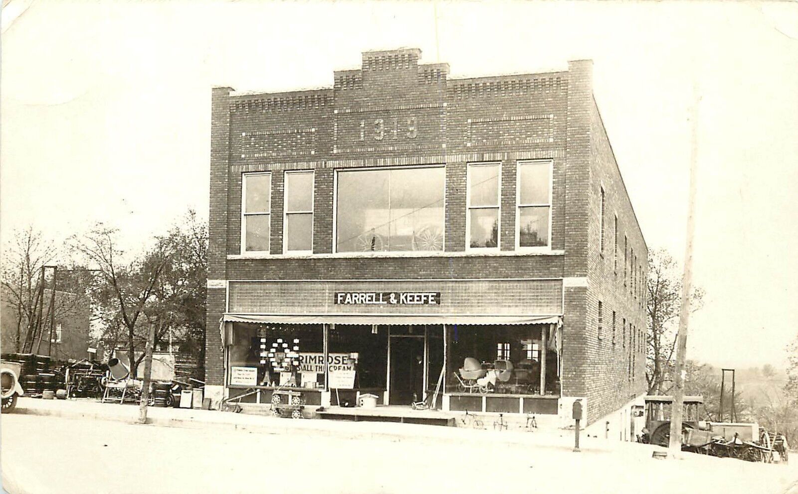 1920 Real Photo PC; Farrell & Keefe Farm Equipment Store Bldg, North Redwood MN