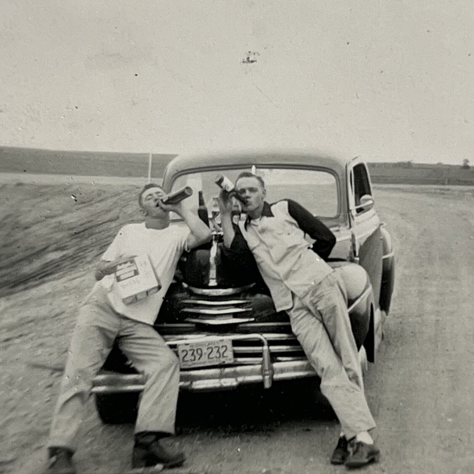 Vintage B&W Snapshot Photograph Handsome Men Drinking Beer Car Minneapolis MN