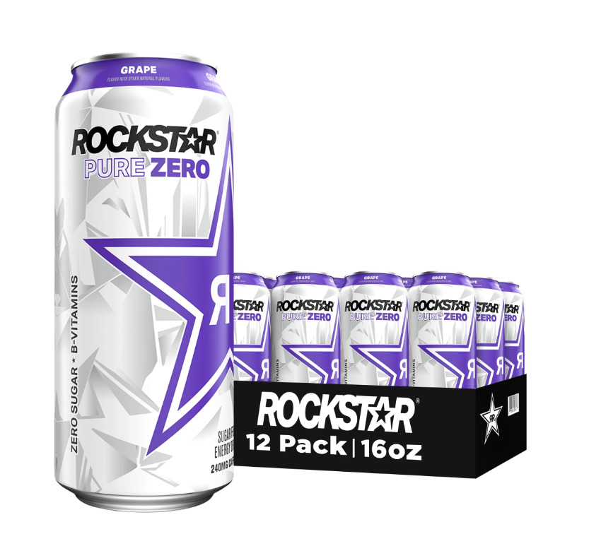 Rockstar Pure Zero Sugar Grape Energy Drink, 16 oz, 12 Pack Cans