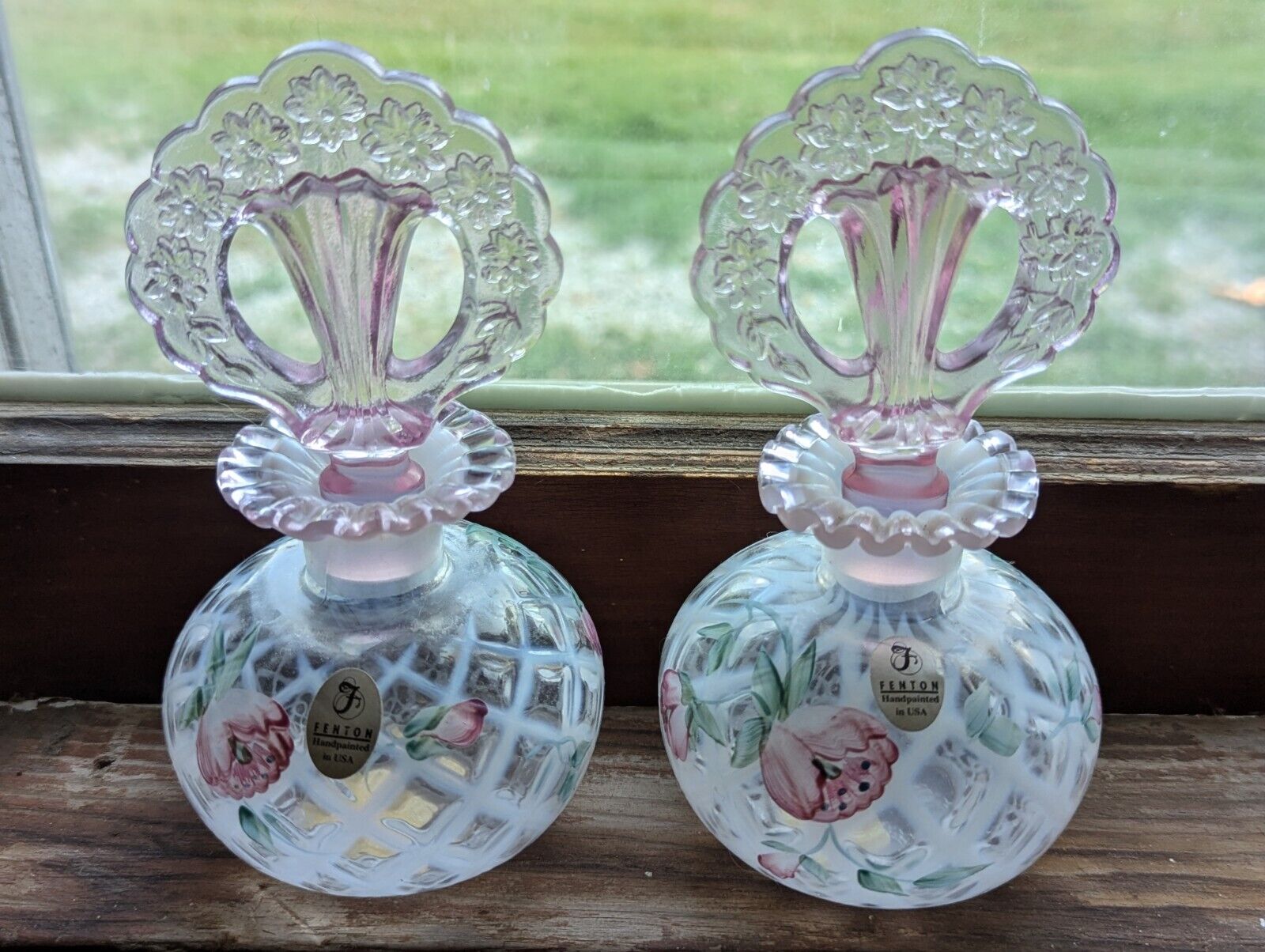 VTG Hand Painted Set Of 2 Fenton Glass perfume bottles 