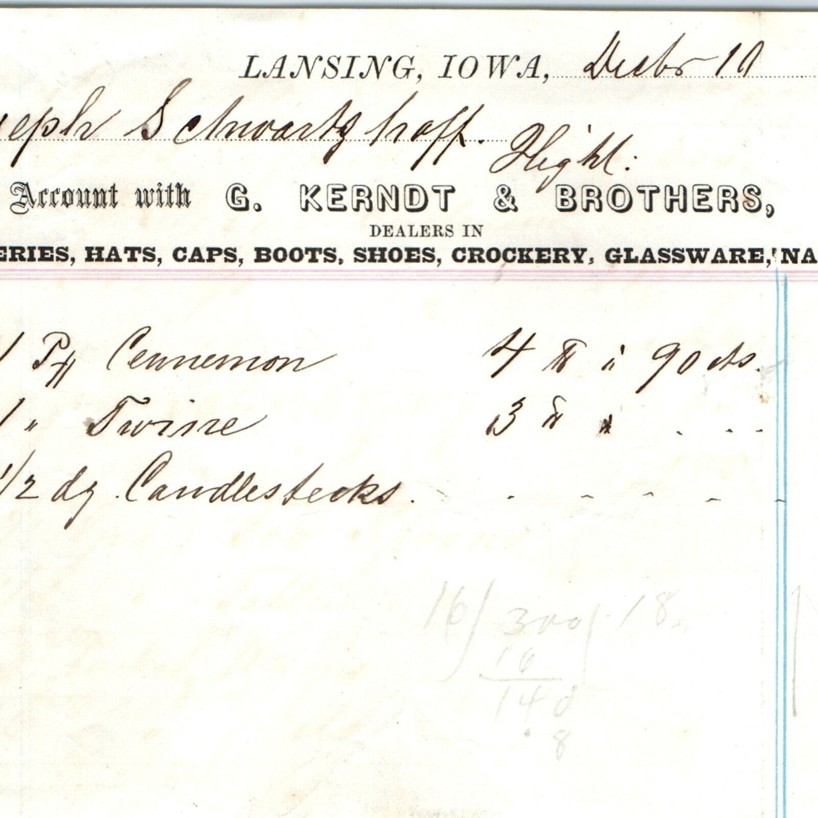 1869 Lansing, Iowa G Kerndt & Brothers Letterhead Dry Goods Invoice Inventory R1