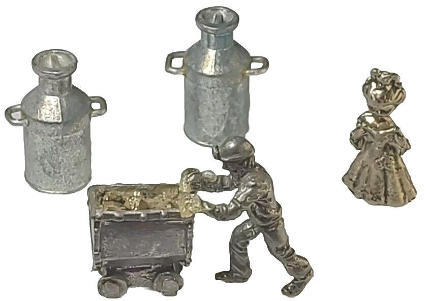 Vintage Pewter 5pc Lot - Gold Miner, Woman w/Book & 2 Containers MINI FIGS