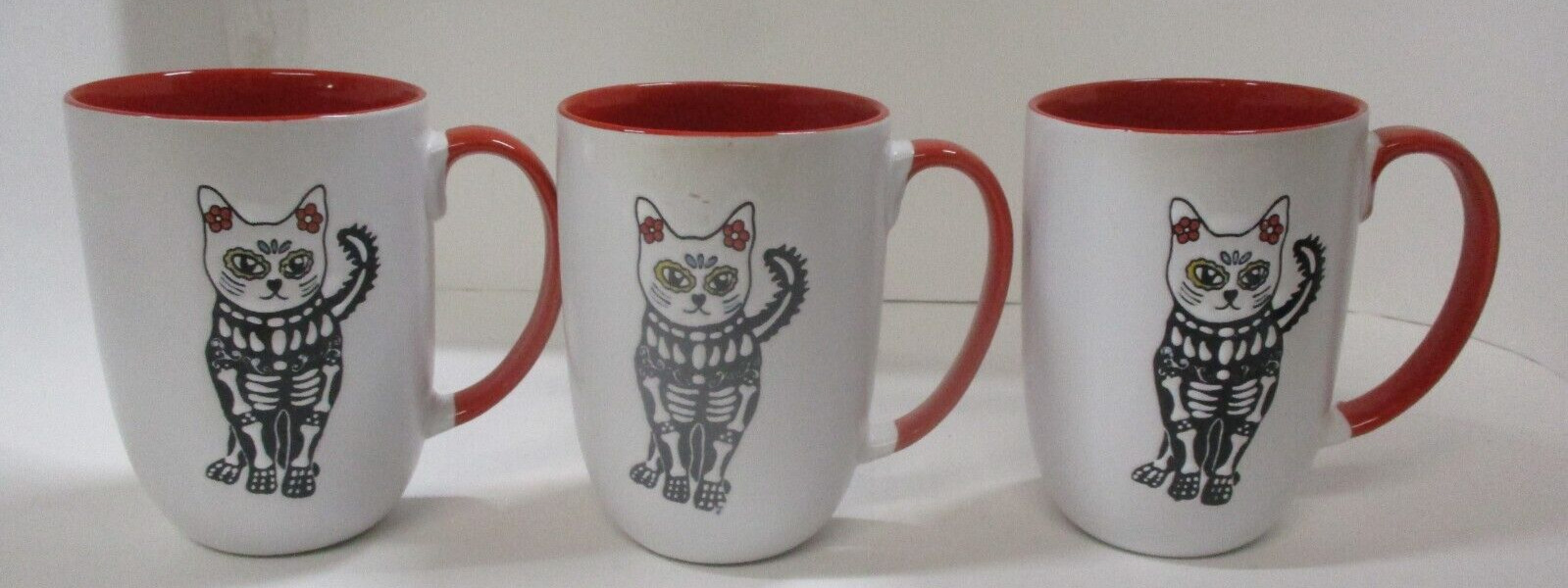 3 Day Of The Dead Cat Skeleton Ceramic Coffee Mugs Red Black White