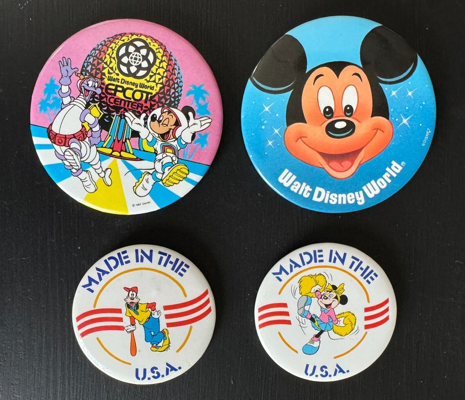 1982 EPCOT Center Figment Mickey Mouse Button + 3 VTG Walt Disney World Buttons
