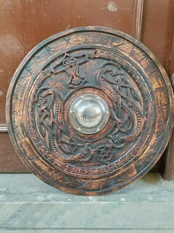 Carving 24 Inch Round Handmade Viking Shield Snake Wooden Round Shield