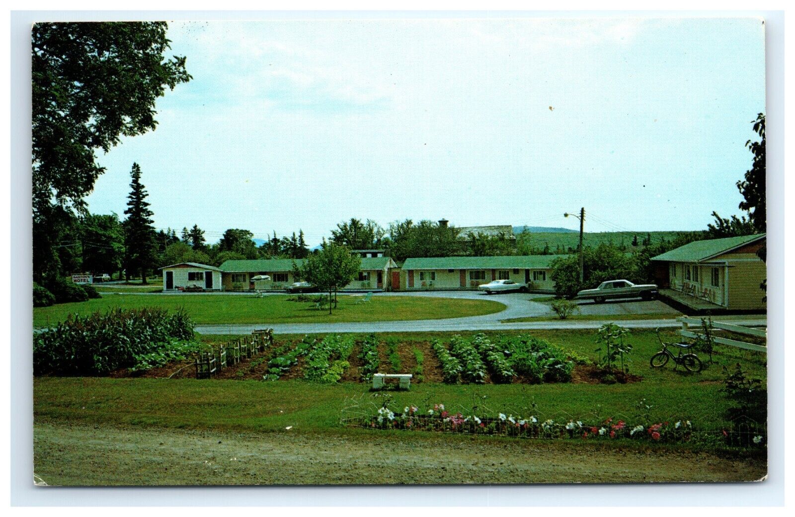 Postcard Bartons Motel Bar Harbor Maine Garden in Front c1960s Old Cars