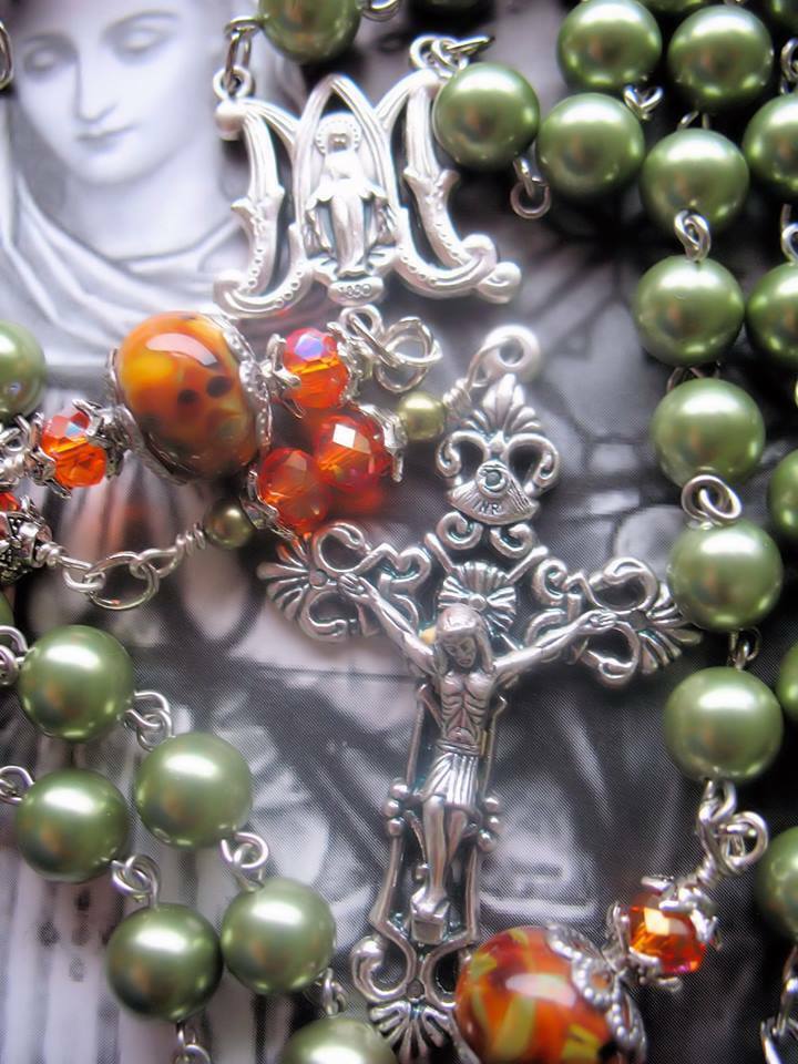 Handmade Olive Green Pearl Rosary with Handmade Lampwork Our Father Beads Blest