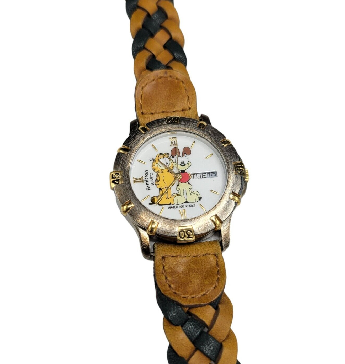 VTG Garfield & Odie Armitron Quartz Brown Braided Leather Band Watch works