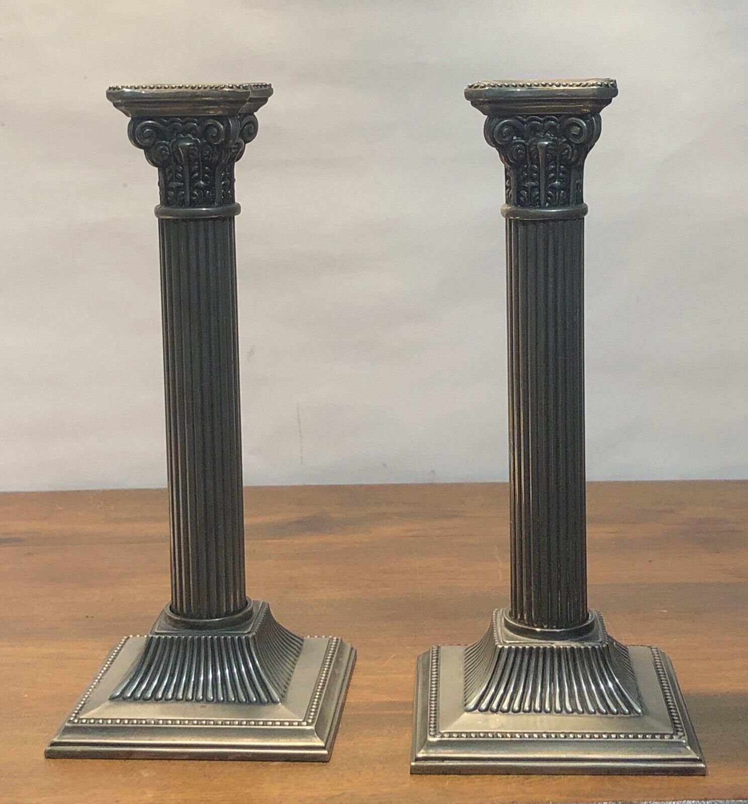 Godinger Corinthian Silver Candlesticks Pair Edwardian Pillar vintage, 8.25 in