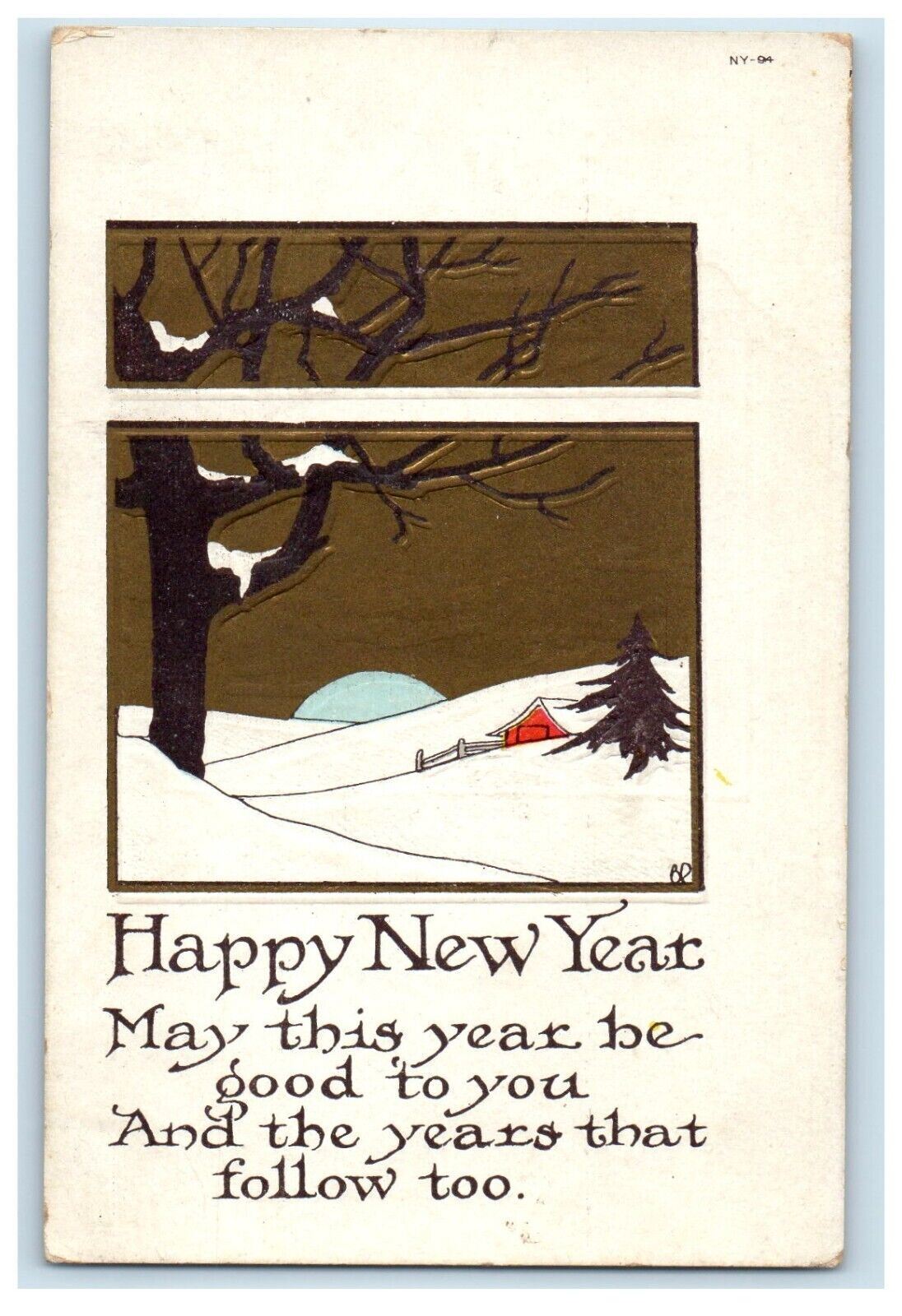 c1910's New Year Winter Snow Pine Tree Embossed Unposted Antique Postcard