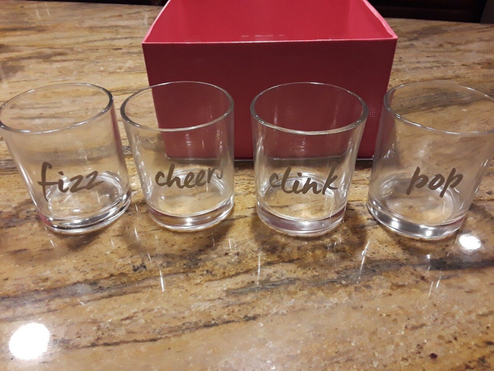 Ulta Set of 4 Highball Glasses in Gift Box- Fizz,Cheers,Clink,Pop- No Coasters