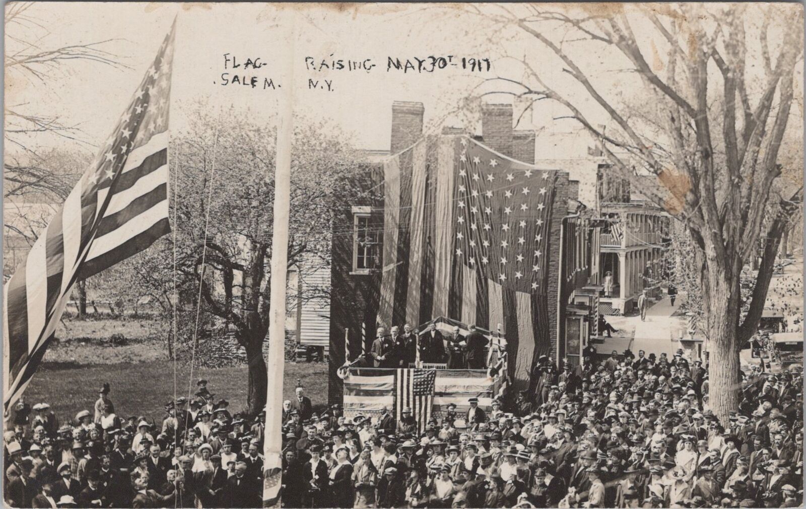 US Flag Raising Ceremony Podium Crowd at Salem New York 1917 RPPC Postcard
