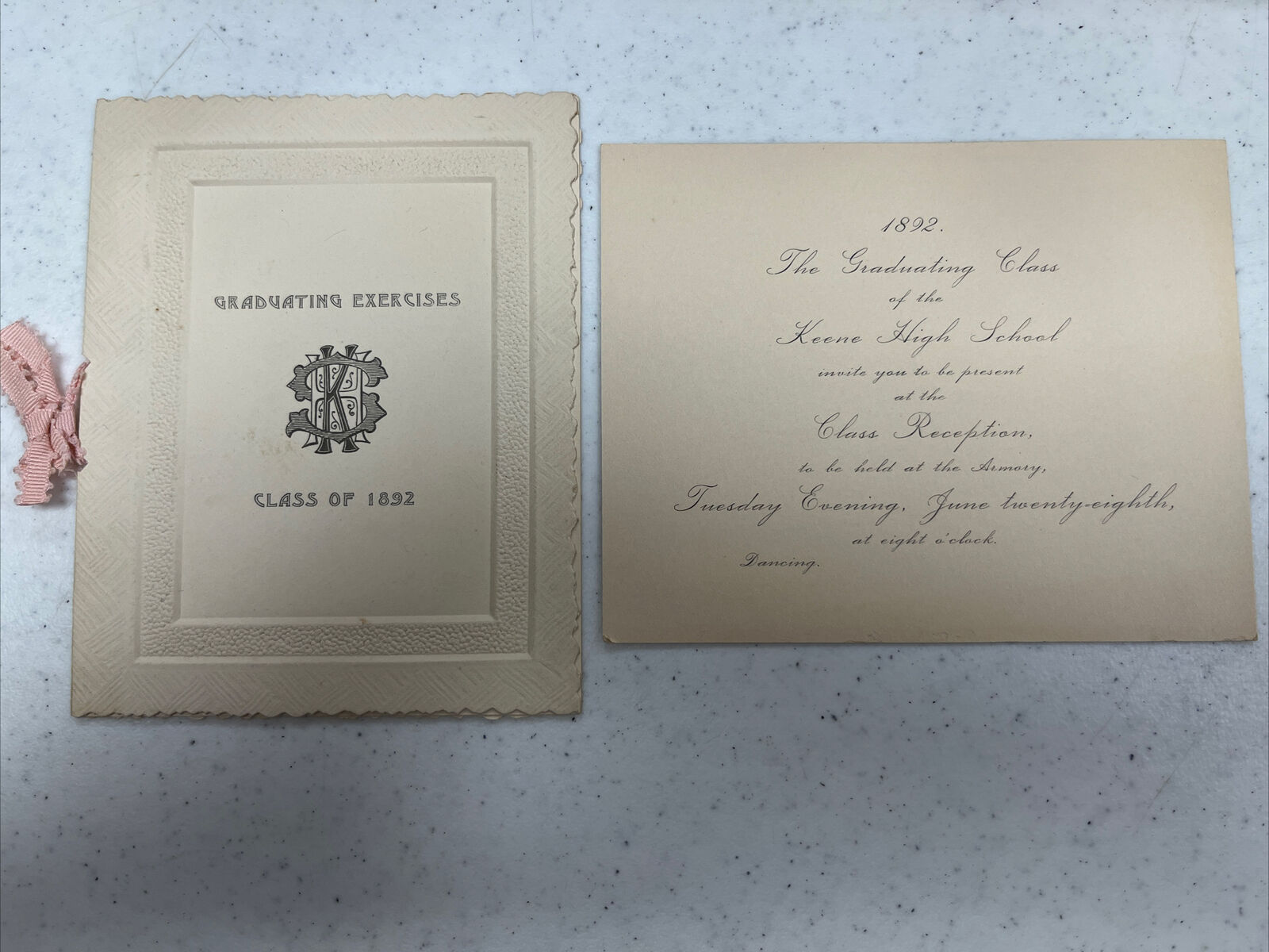 1892 Antique Keene NH High School Commencement Exercises & Reception Invitation