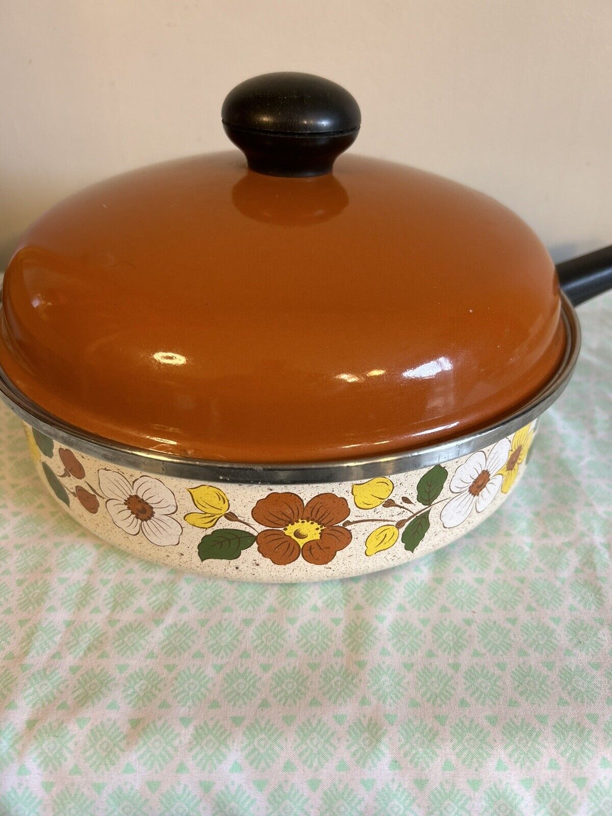 Vintage Enamelware Pan 10” With Lid mcm retro  floral Country set