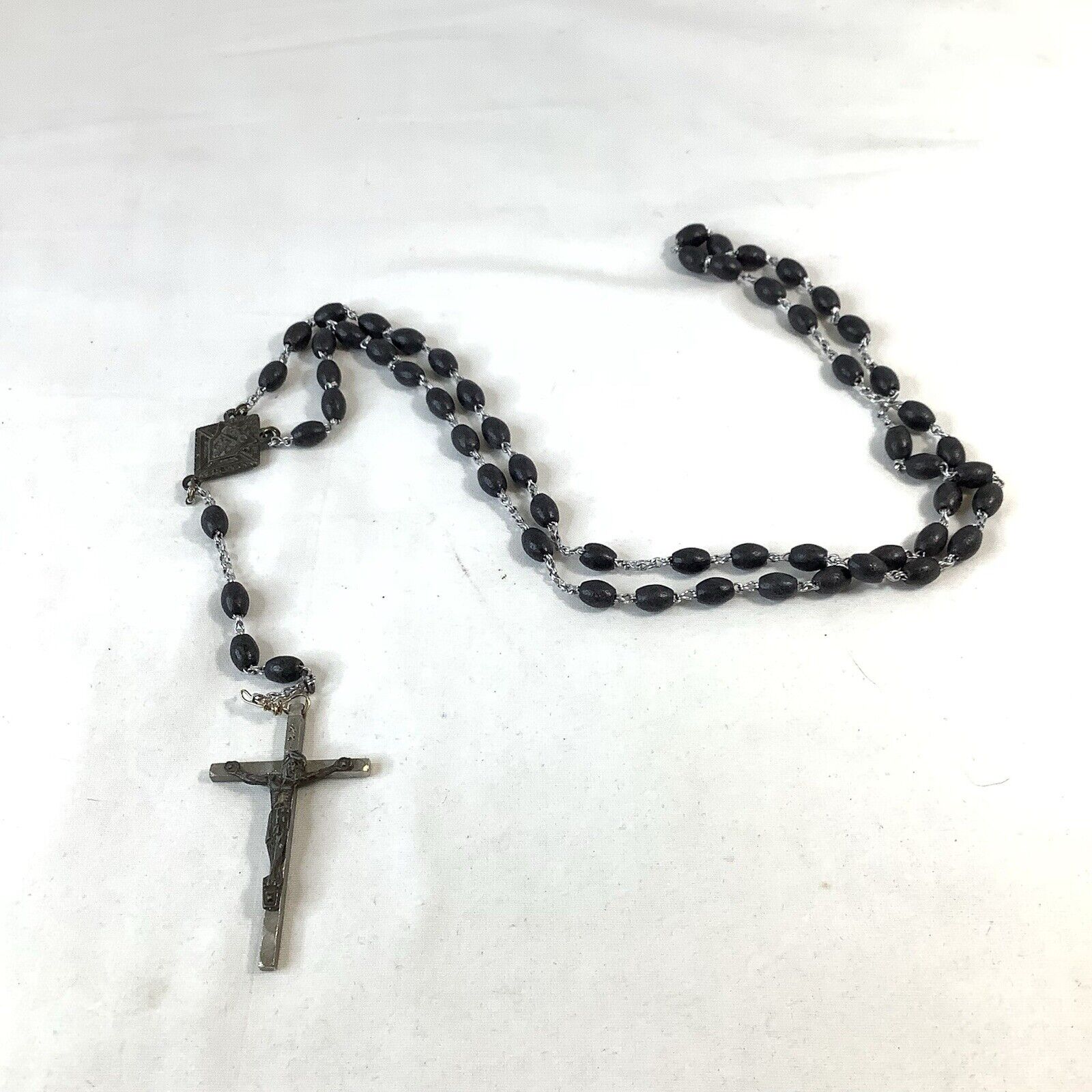 Rosary Silver Tone Vintage Italian Black Bead Ornate Cross Knights Of Columbus