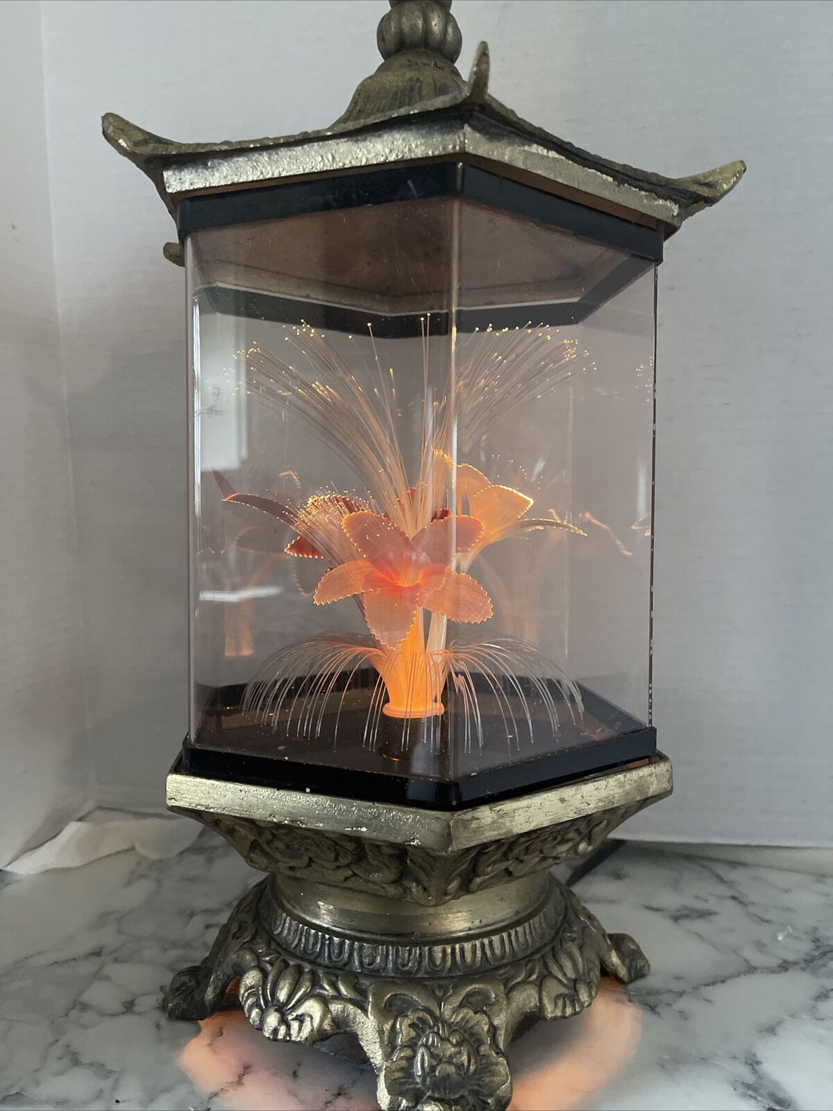 Vintage Fiber Optic Flower Lamp Light Nightlight Pagoda 16” Tall Glass Metal