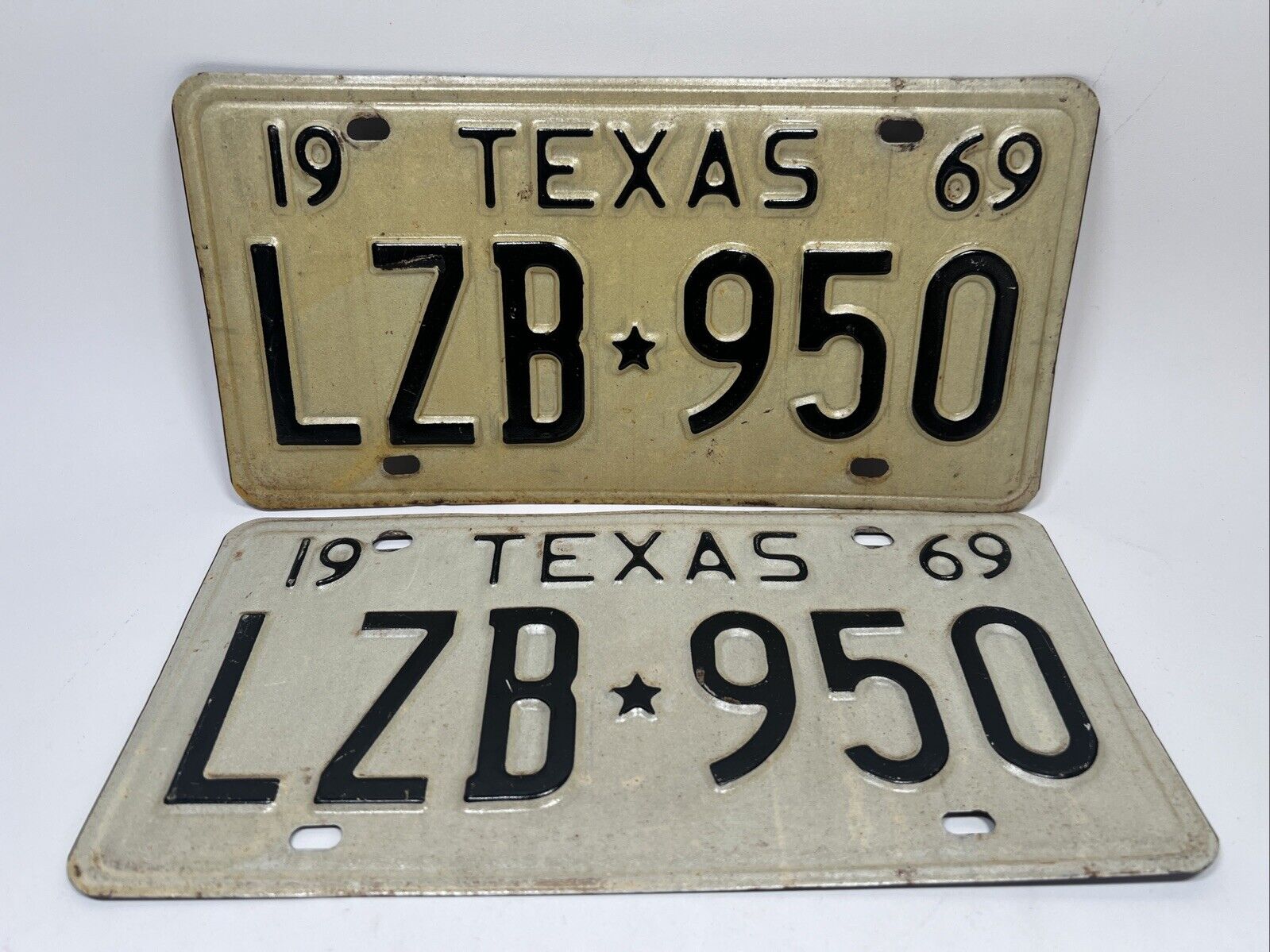 Vintage 1969 TEXAS License Plate Set Pair Matching White Black