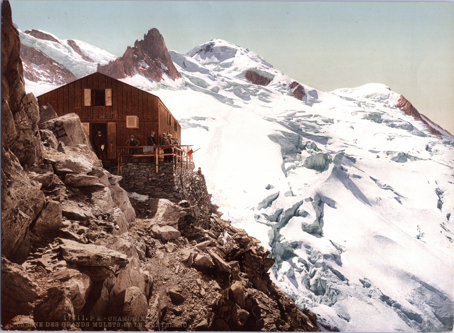 France, Chamonix Valley. Cabane des Grands Mulets et le Mont-Blanc.  vintage 