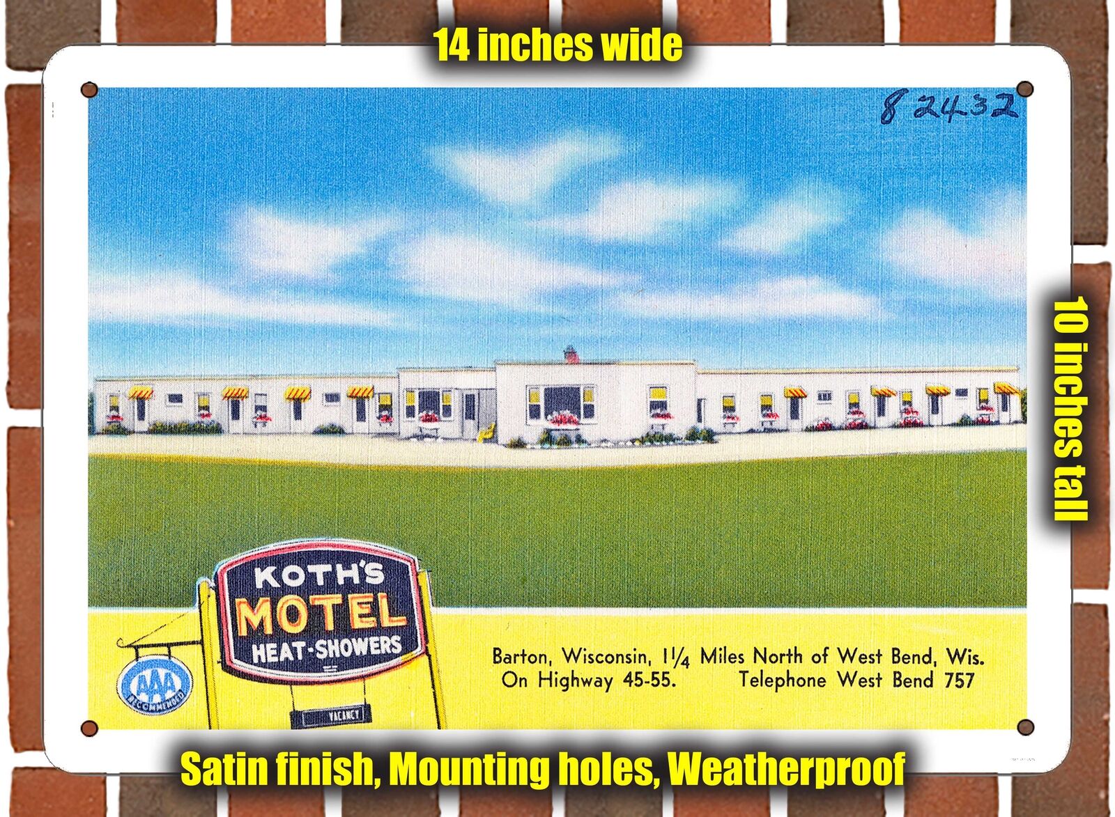 METAL SIGN - Wisconsin Postcard - Koth's Motel, Barton, Wisconsin, 1 1 4 Miles