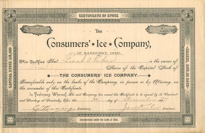 Consumers Ice Co. - Sandusky, Ohio Stock Certificate - Ice Companies