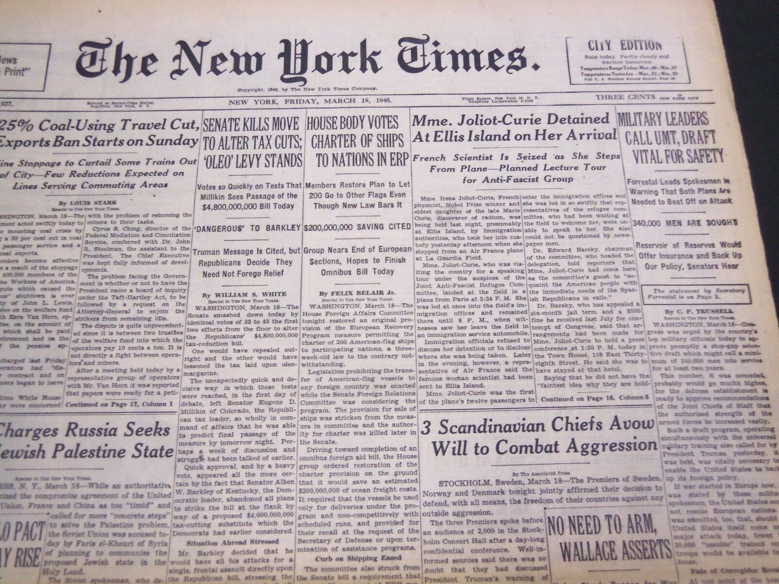 1948 MARCH 19 NEW YORK TIMES - JOLIOT-CURIE DETAINED AT ELLIS ISLAND - NT 4352