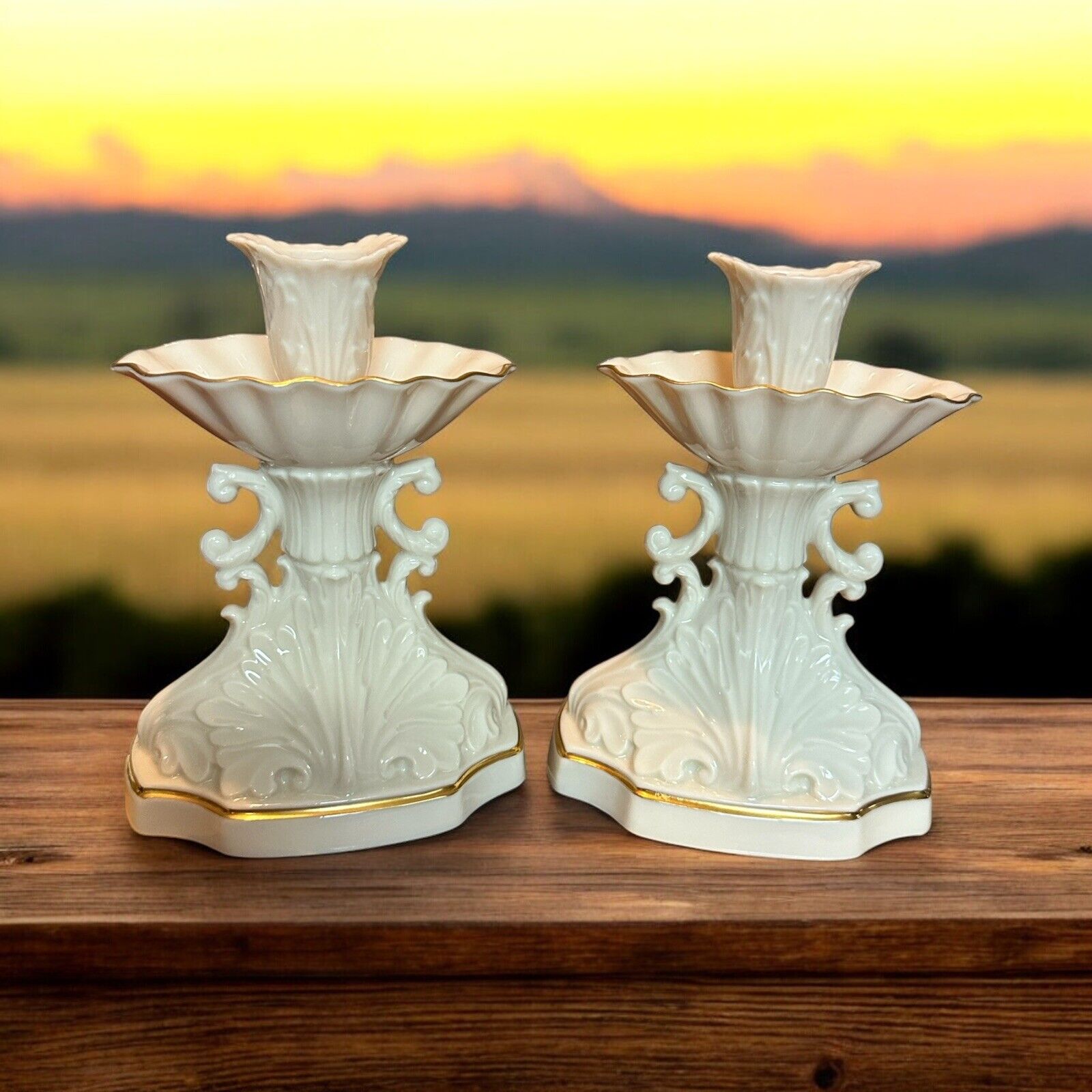 Pair Of Lenox Aquarius Candlestick Holders USA Vintage  24kt Gold Accent
