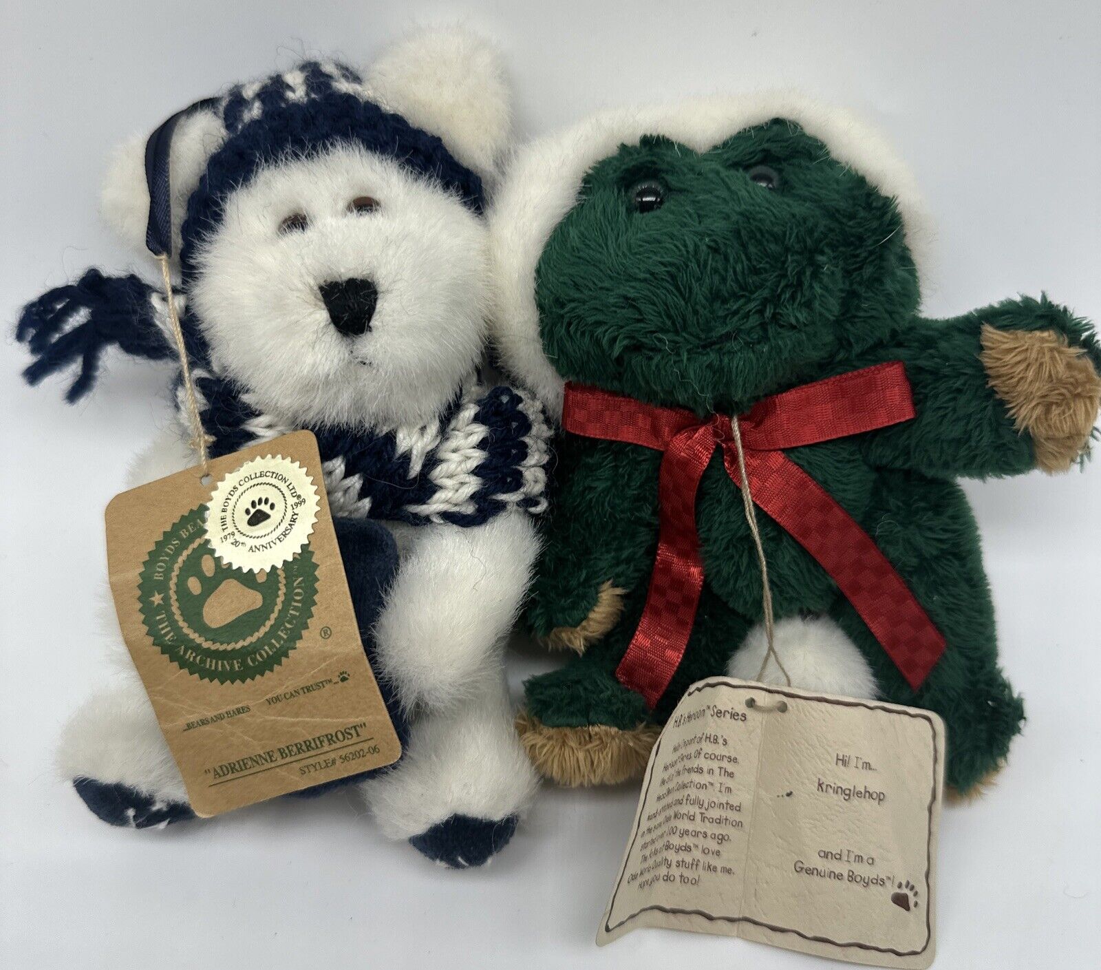 2 Boyds Plush Christmas Ornaments~ Kringlehop Frog & Adrienne Berrifrost Bear