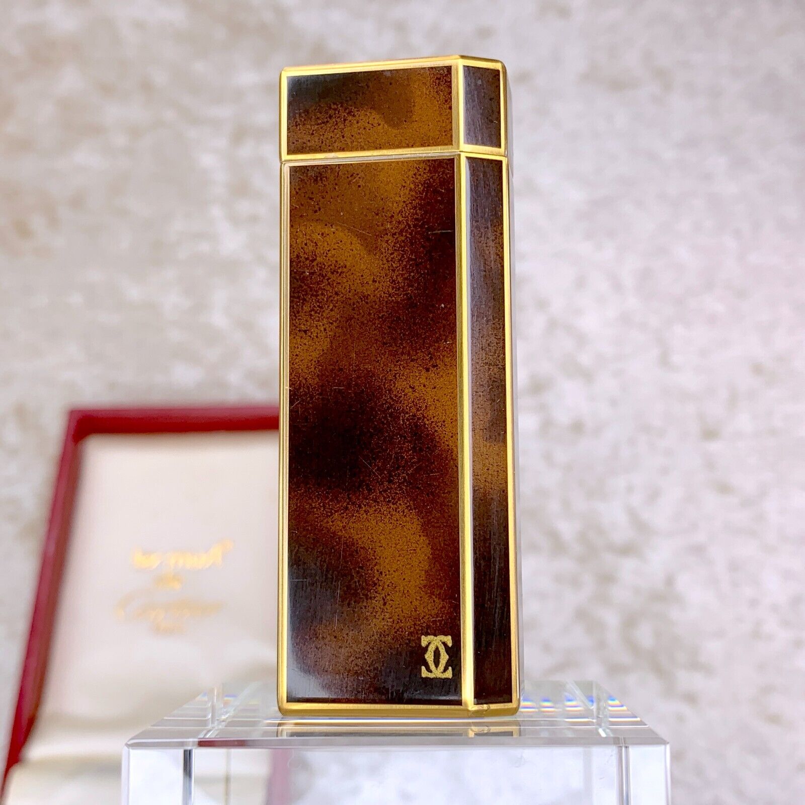 Vintage Cartier Lighter Pentagon Brown Lacquer 18k Gold Finish with Case