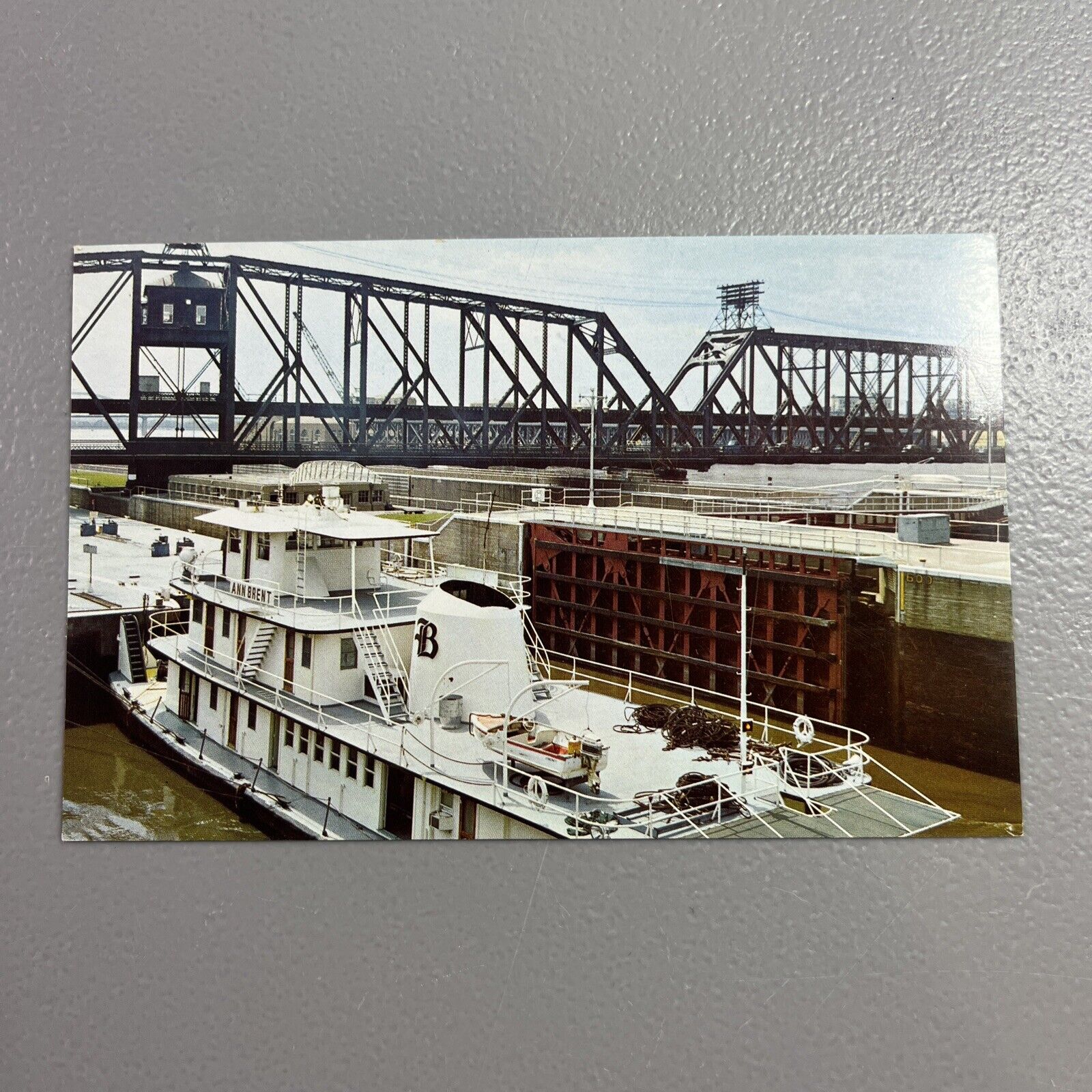 Tugboat Ann Brent Pushing Barges Dam No 15 Mississippi River Postcard