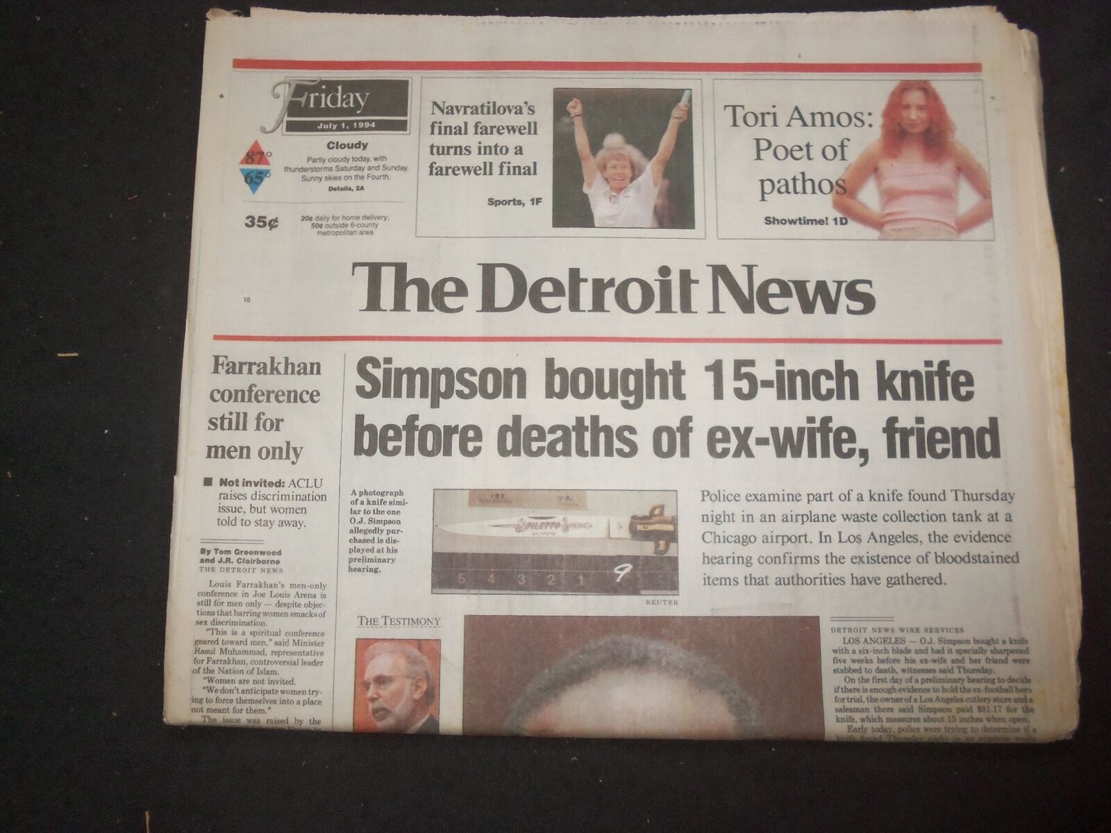 1994 JULY 1 THE DETROIT NEWS NEWSPAPER - SIMPSON BOUGHT 15-INCH KNIFE - NP 7707