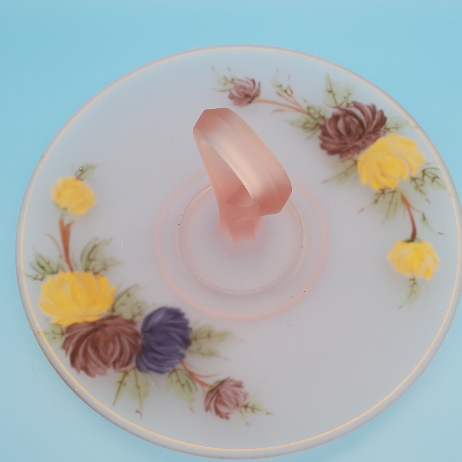 Vintage Pink Frosted Glass Tidbit Dessert Tray Handpainted Flowers Center Handle