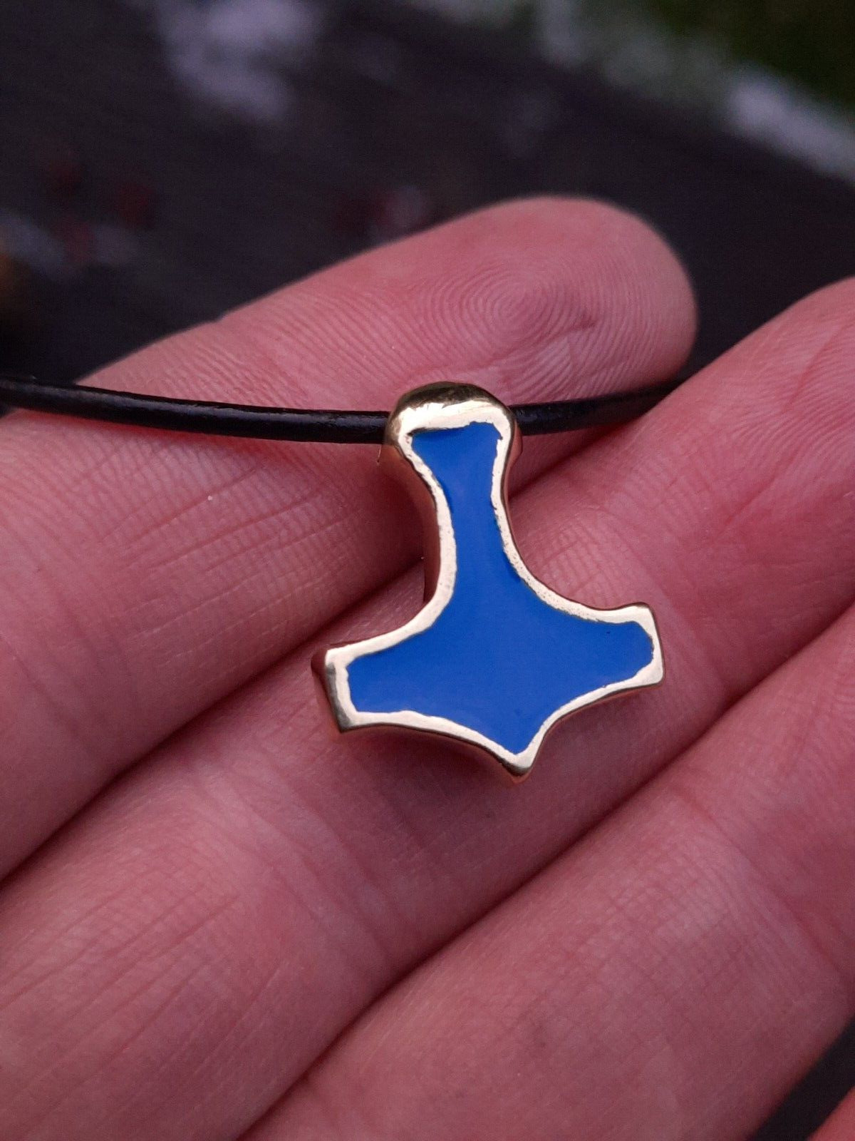 Mjölnir amulet, unique hand-forged pendant with real Blue enamel