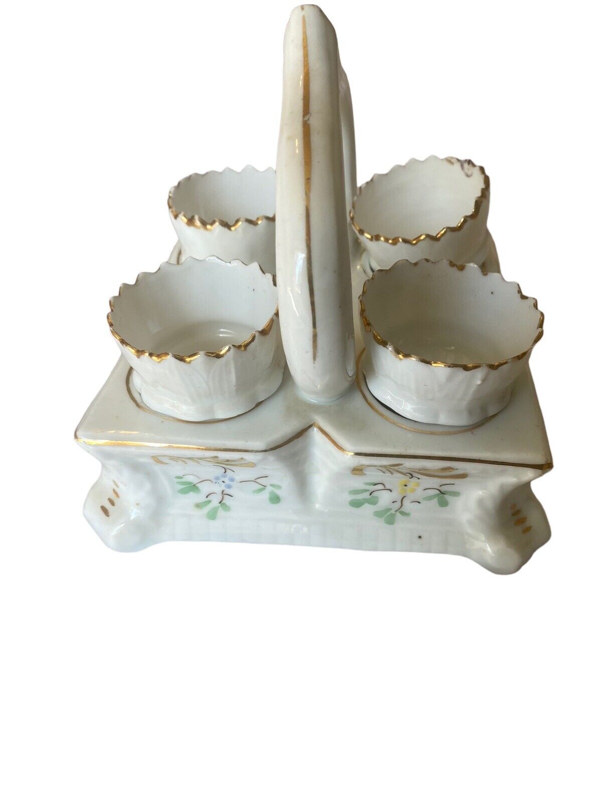 Porcelain Ceramic Egg Cup Holder 4 Egg Cups Floral Design Gold Trim Vintage