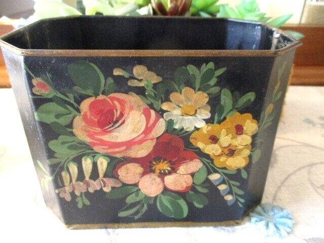 Antique Hand Painted French Floral Tole Caddy Tray Container, Marked France