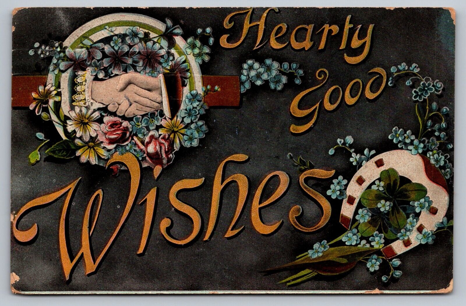 Hearty Good Wishes-Antique German Postcard-Early 1900s-Handshake-Horseshoe-Rare