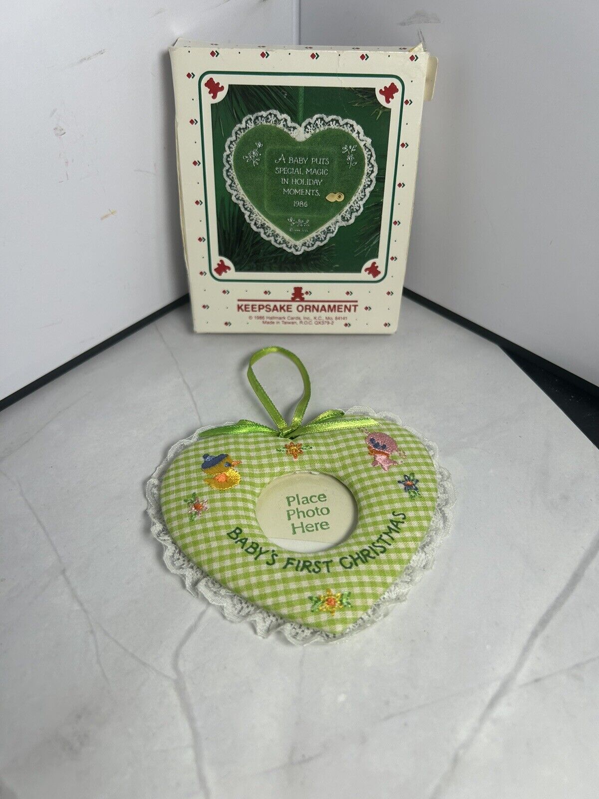 Hallmark 1986 Baby\'s First Christmas photo holder heart fabric Ornament
