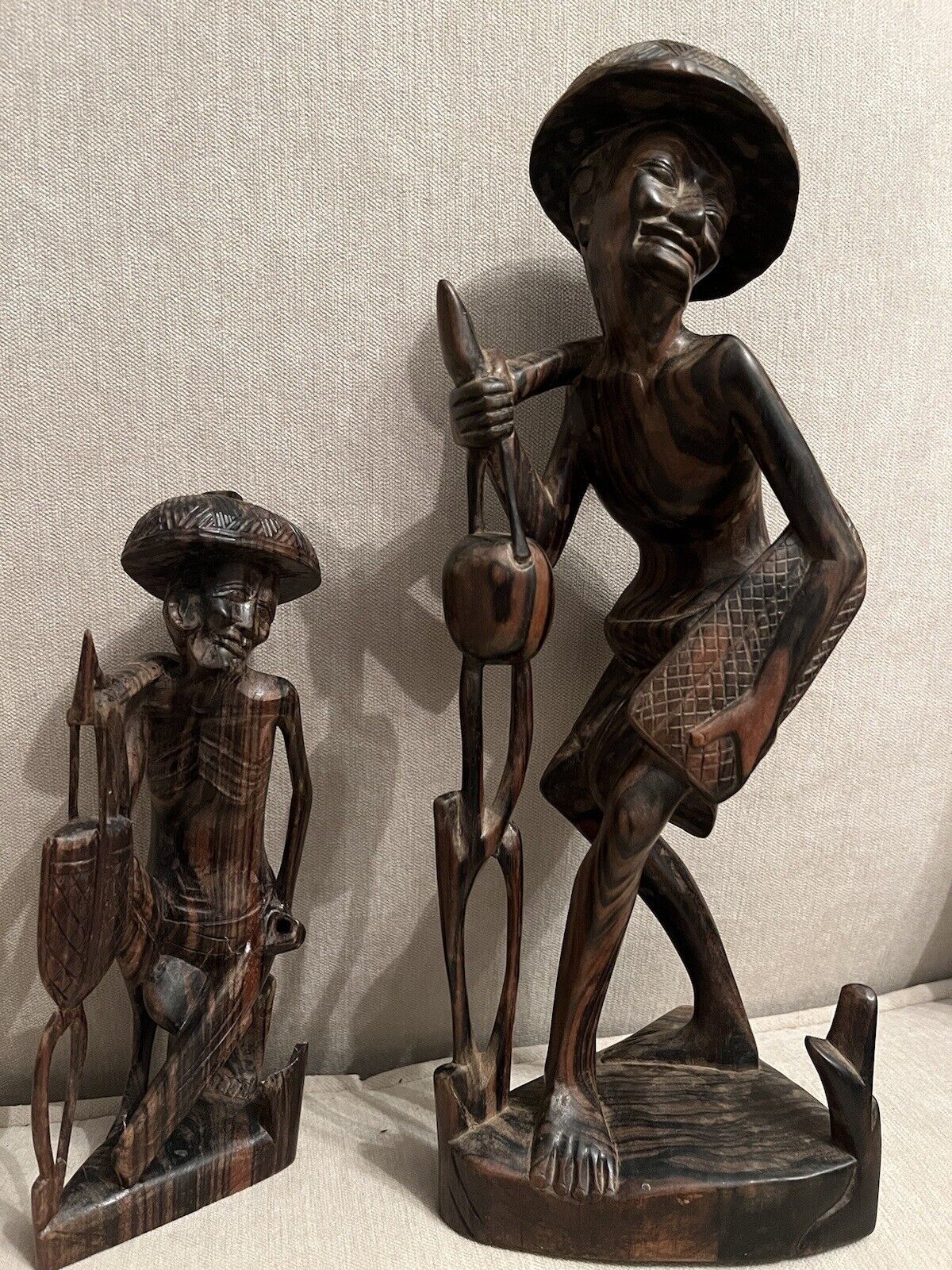 Two Vintage Asian Wood Fishermen’s Figurines Carved With Original Fishing Gear.