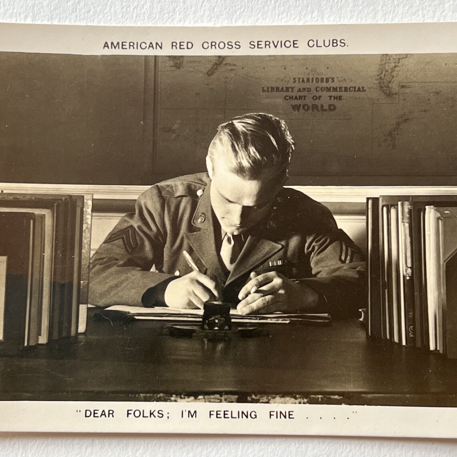 Vintage RPPC Postcard American Red Cross Service Club WW2 Folks I’m Feeling Fine