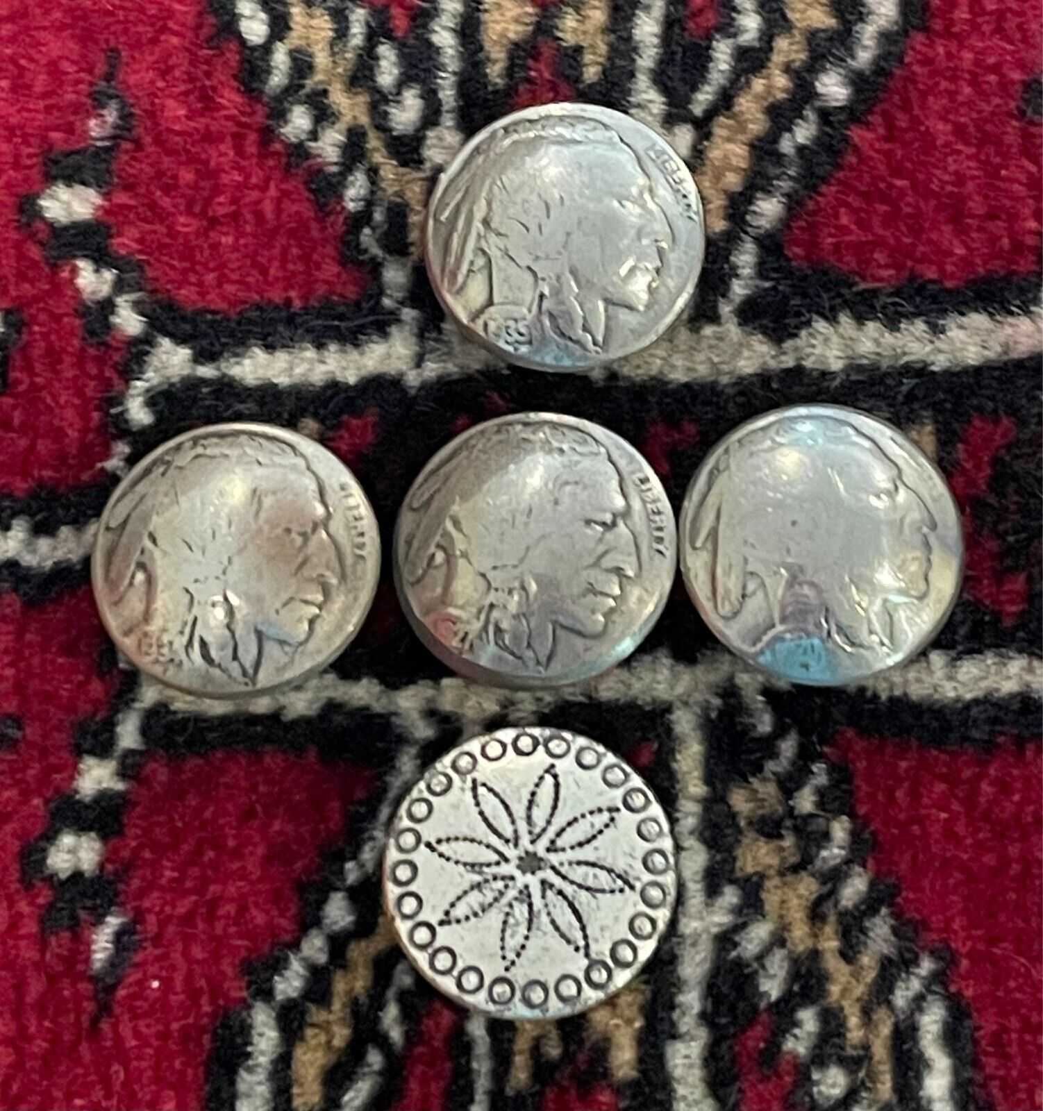 4 REAL INDIAN HEAD NICKEL BUTTON COVERS PLUS ANOTHER NATIVE AMERICAN TYPE
