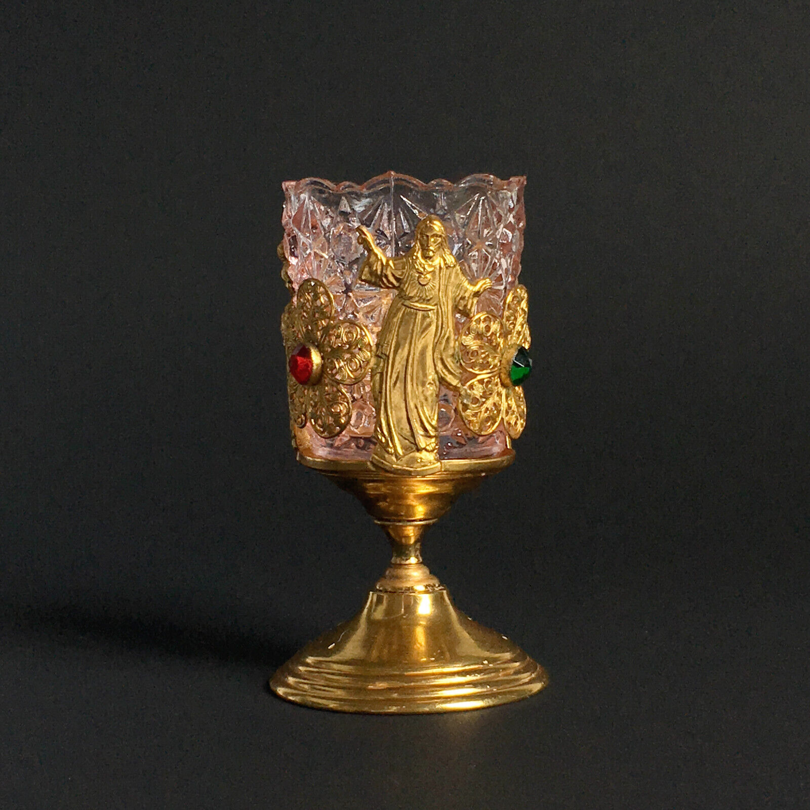 Vintage Filigree Jeweled Catholic Church votive stand candlestick