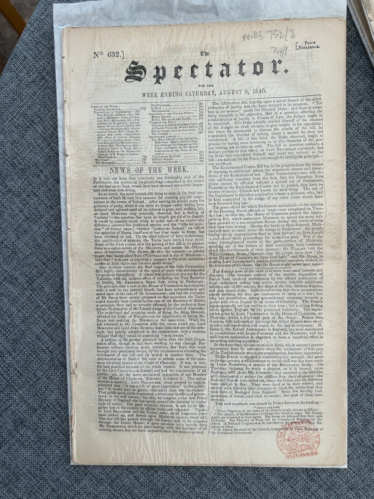 THE SPECTATOR 8 AUGUST 1840 FEARGUS OCONNOR PRISON IRELAND ORIGINAL NEWSPAPER