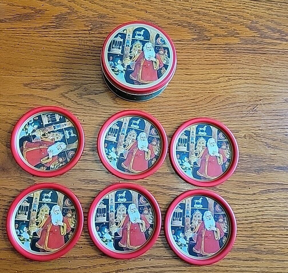 Santa Claus Christmas Drink Coasters Red Tin Willitts 1985 Set Of 6 Vintage 